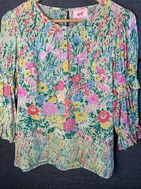 Banjanan Floral Ruffle-Sleeve Blouse - Green with Pink & Yellow